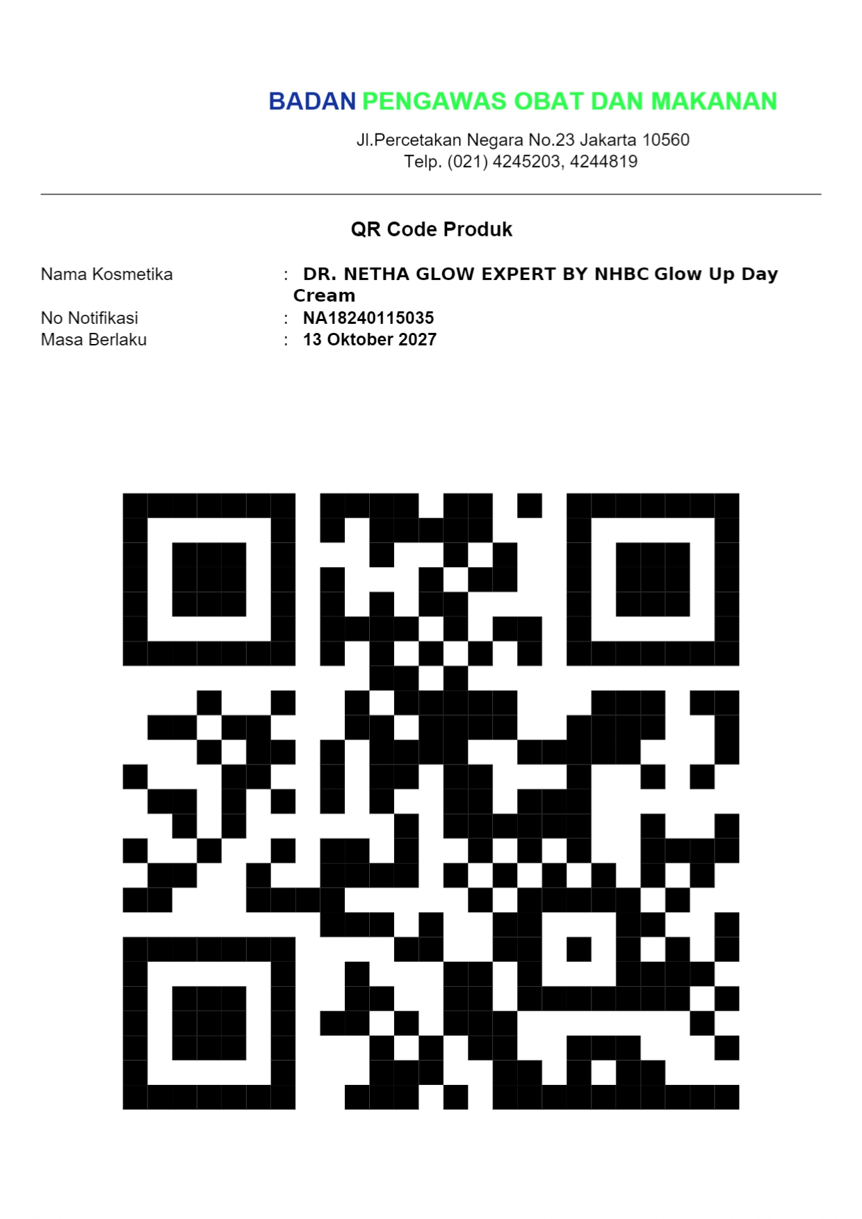 Nomor BPOM Glow Up Day Cream